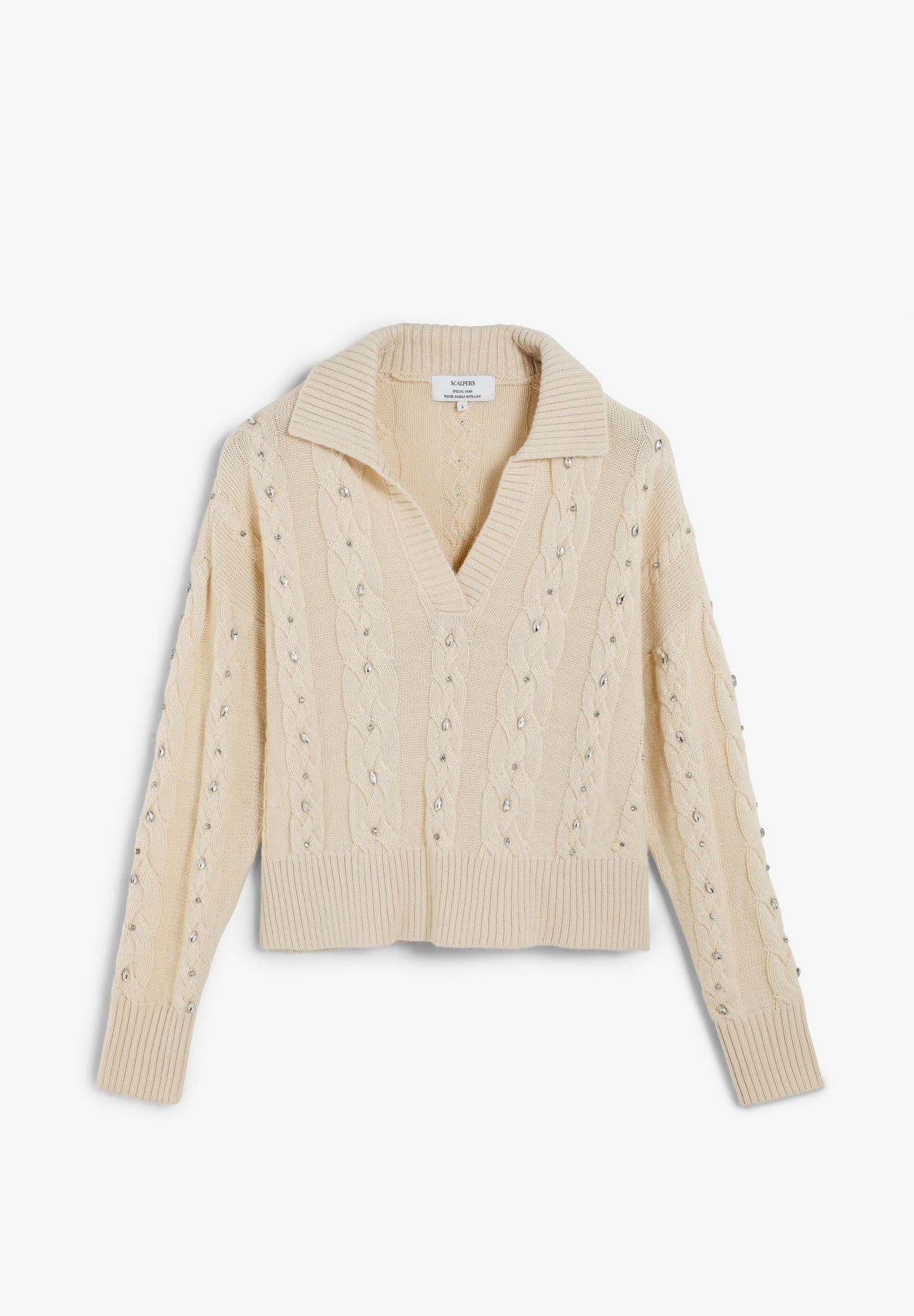 CABLE KNIT POLO SWEATER WITH RHINESTONES