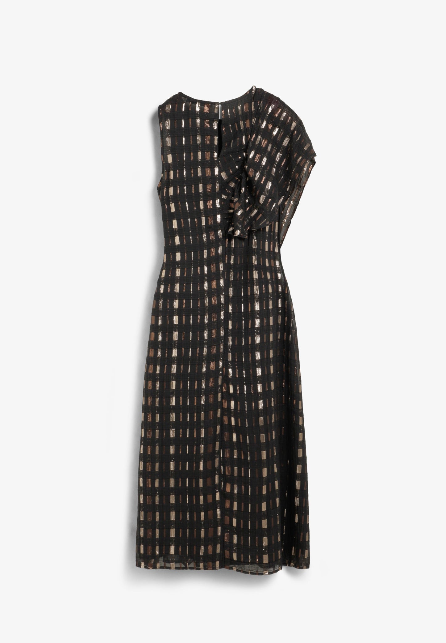 METALLIC PRINT DRESS WITH RUFFLE