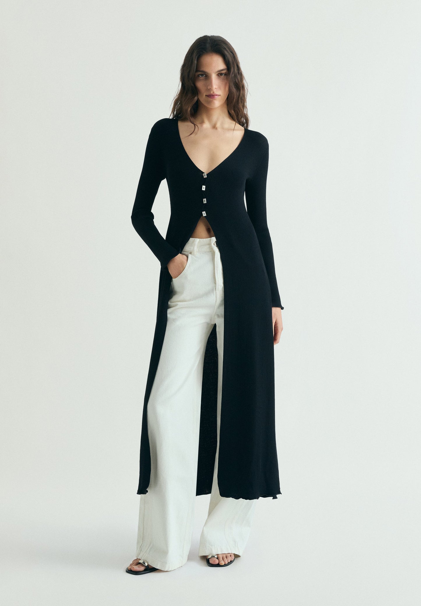 LONG RIBBED KNIT CARDIGAN