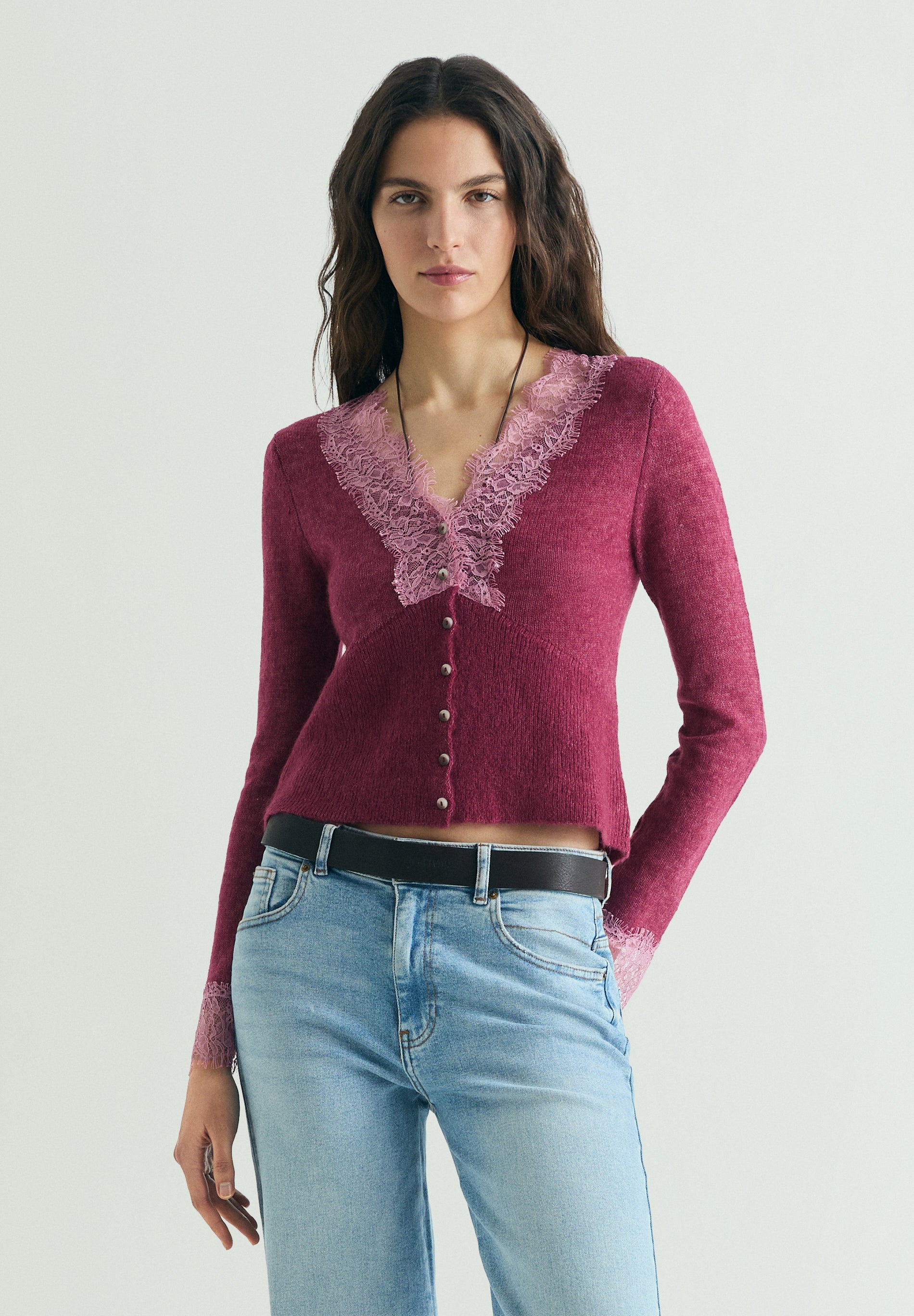 LACE TRIM KNIT CARDIGAN