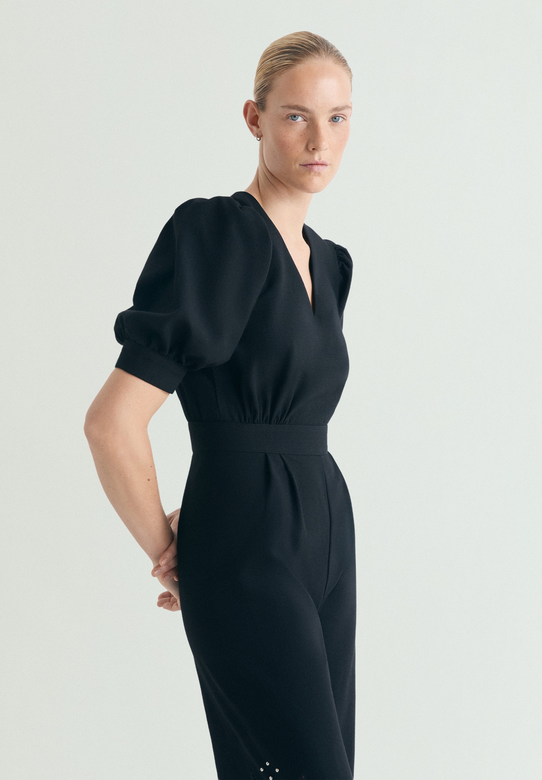 PUFF SLEEVE JUMPSUIT WITH STUDS