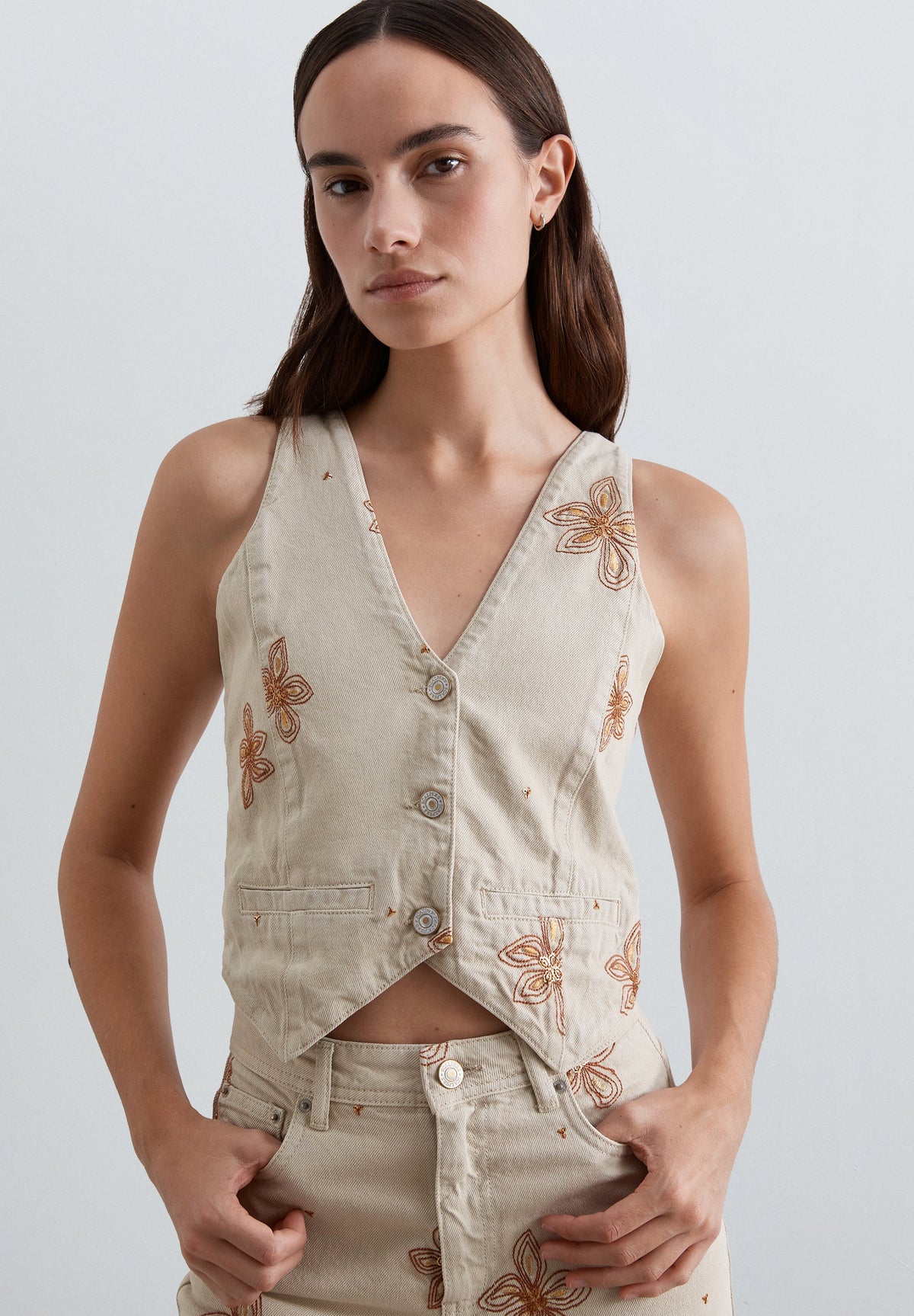 FLORAL EMBROIDERY DENIM WAISTCOAT