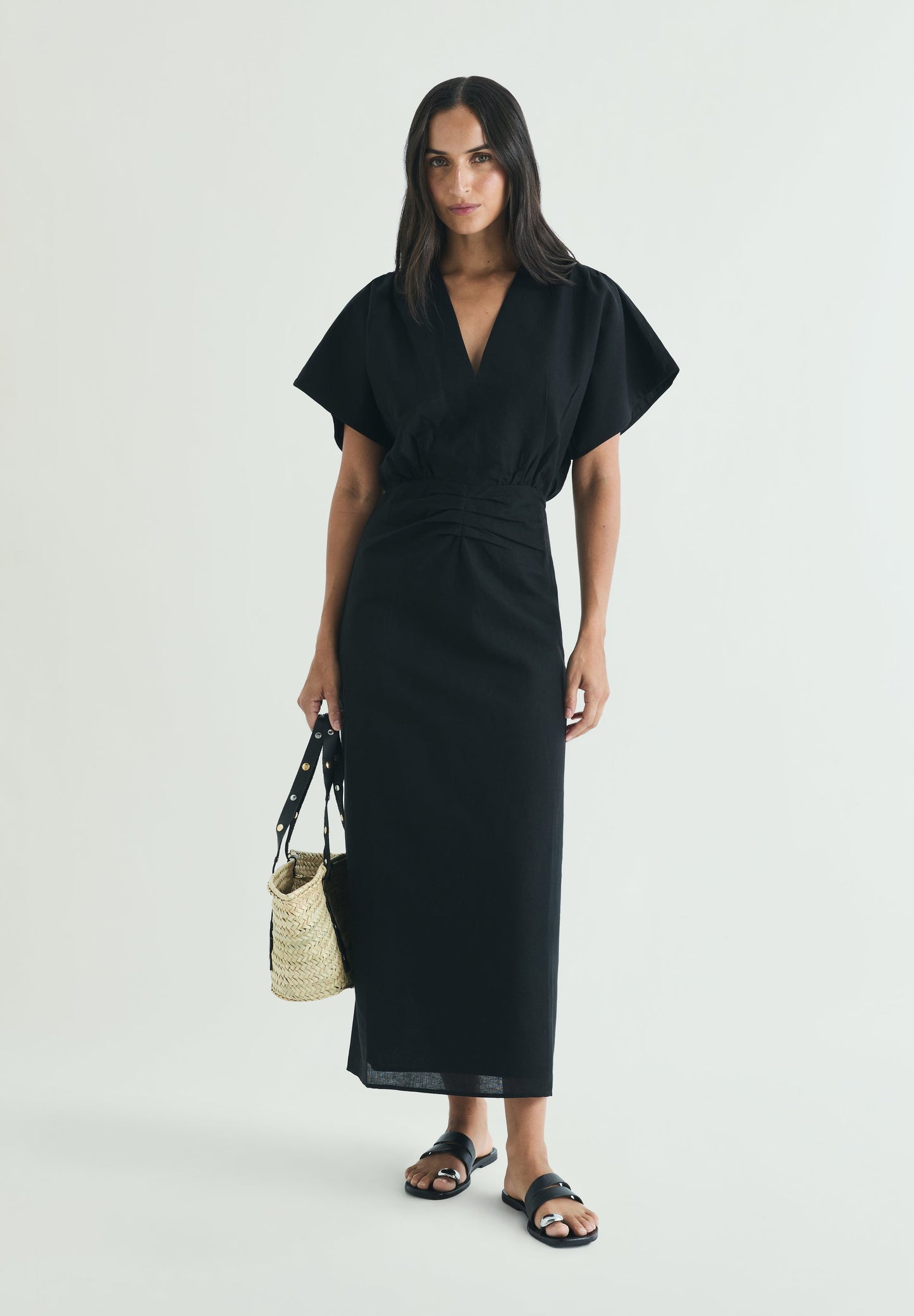 DRAPED LINEN MIDI DRESS