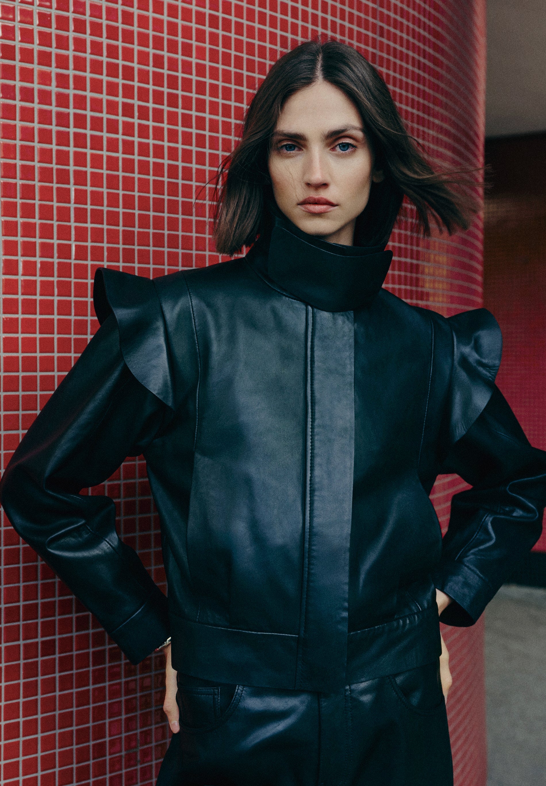 LEATHER BOMBER JACKET WITH RUFFLES