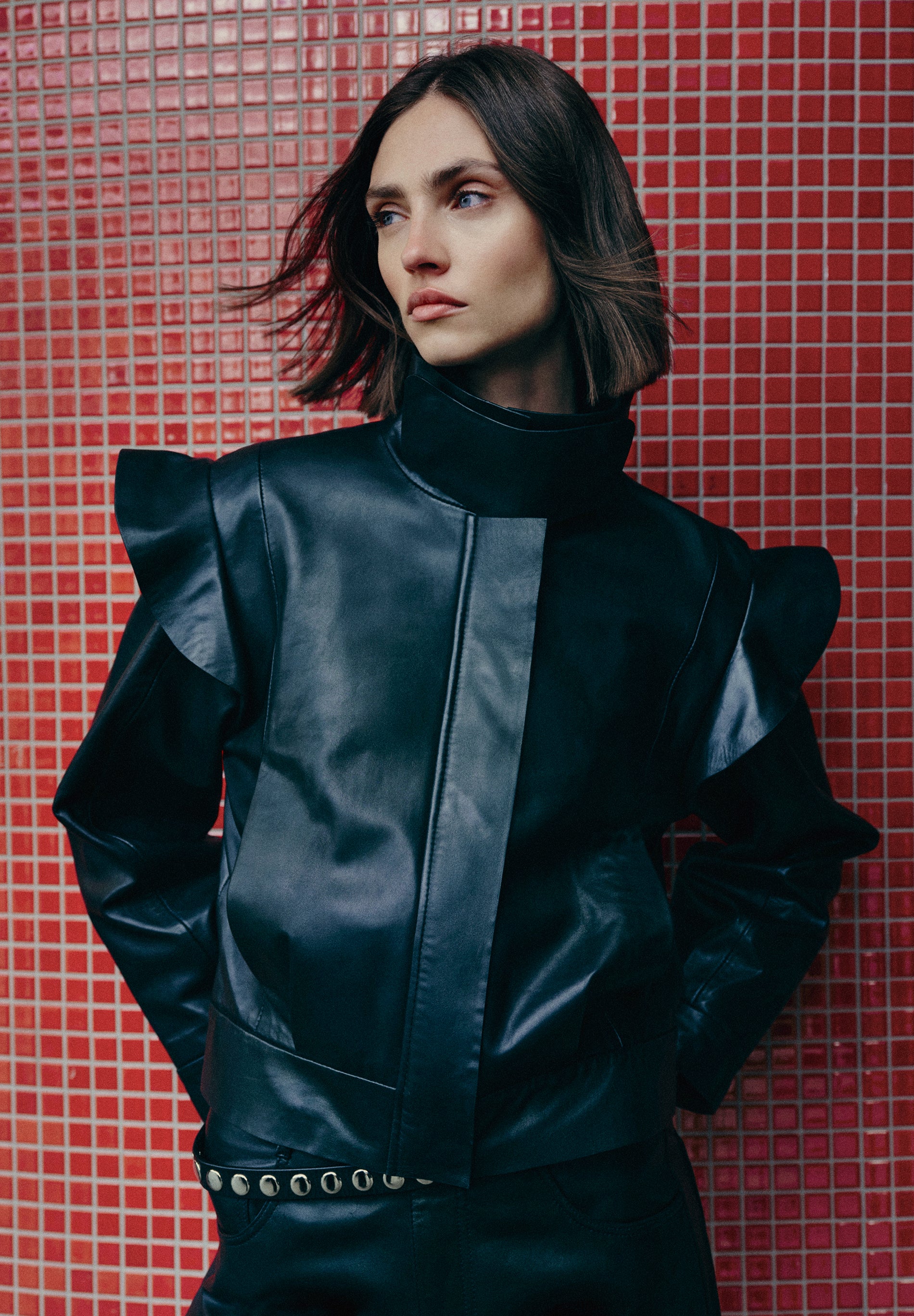 LEATHER BOMBER JACKET WITH RUFFLES