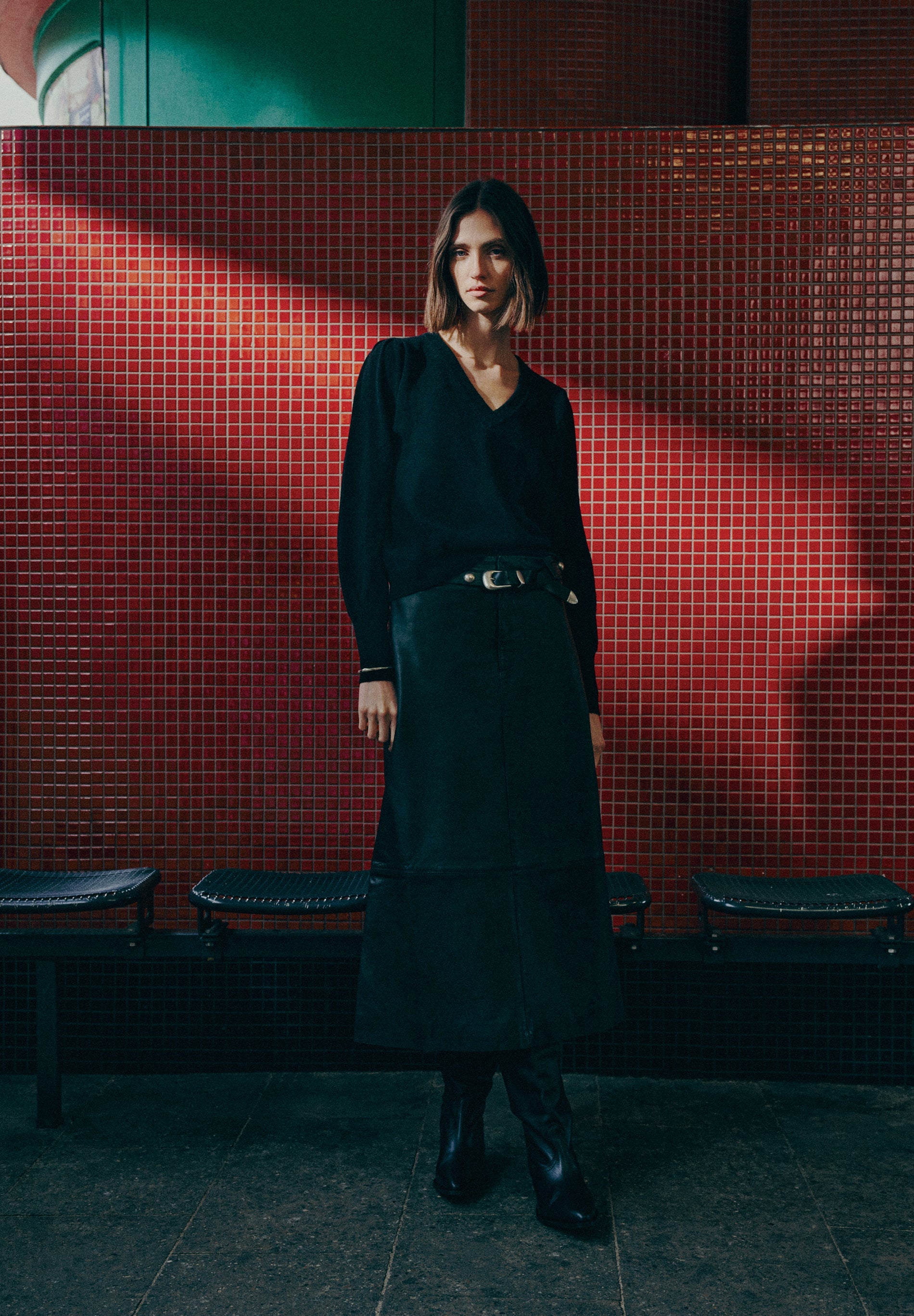 LEATHER MIDI SKIRT