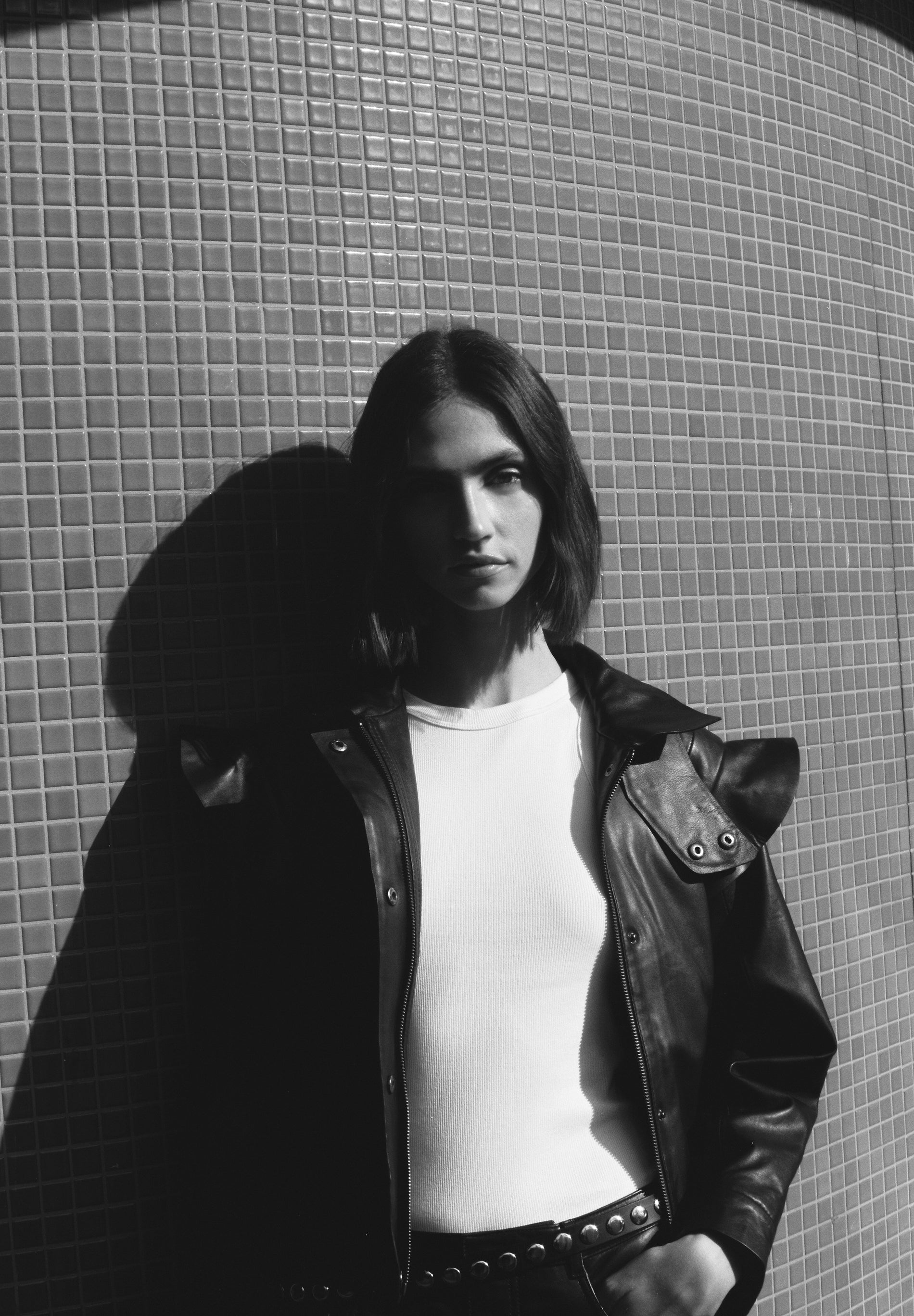 LEATHER BOMBER JACKET WITH RUFFLES