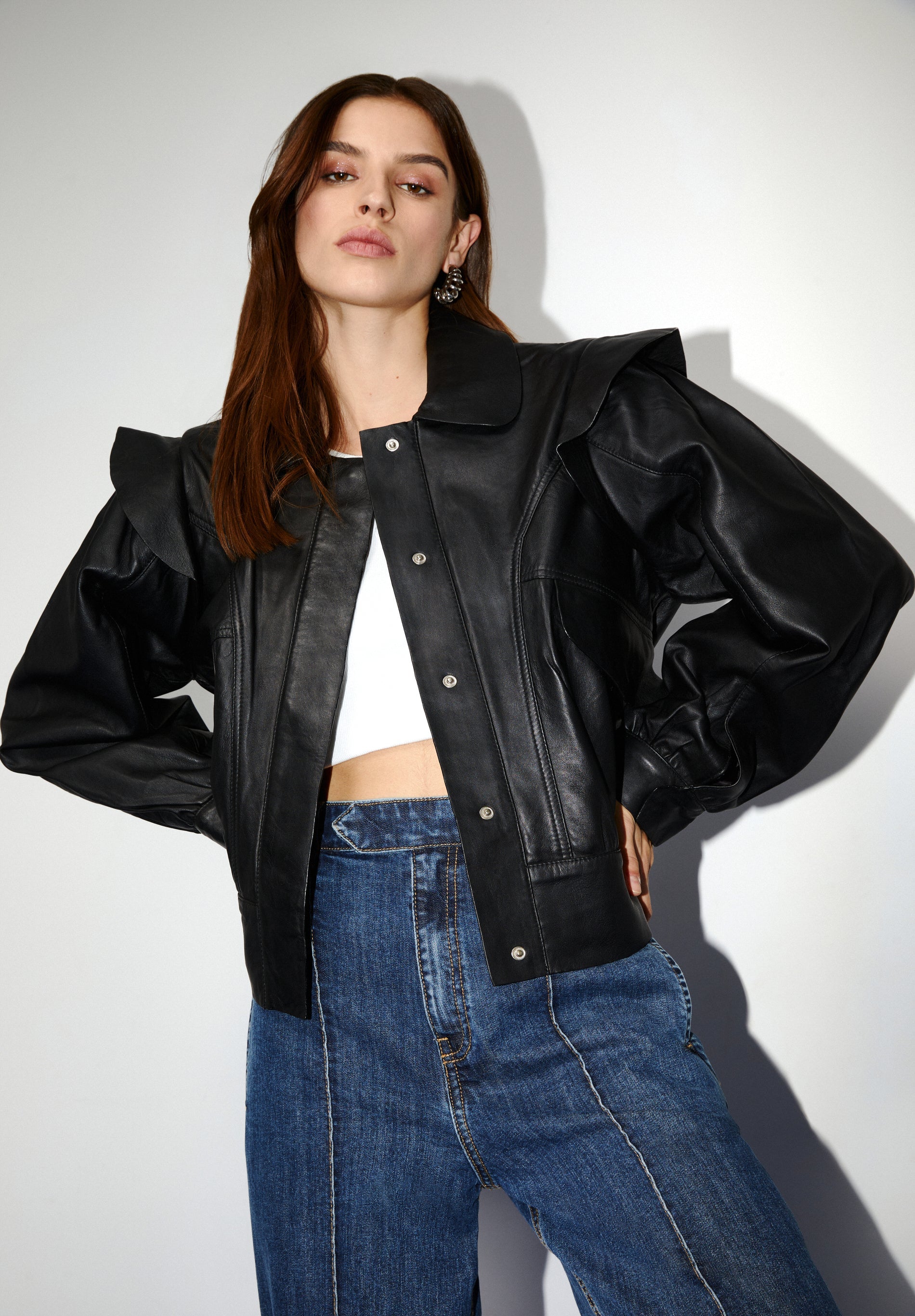 LEATHER JACKET WITH SHOULDER FRILL